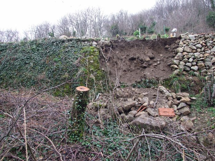 Le 15 avril au matin, alors que la pluie s'arrête enfin, je découvre le mur écroulé au ras des repousses de choux dont les racines retiennent la terre.